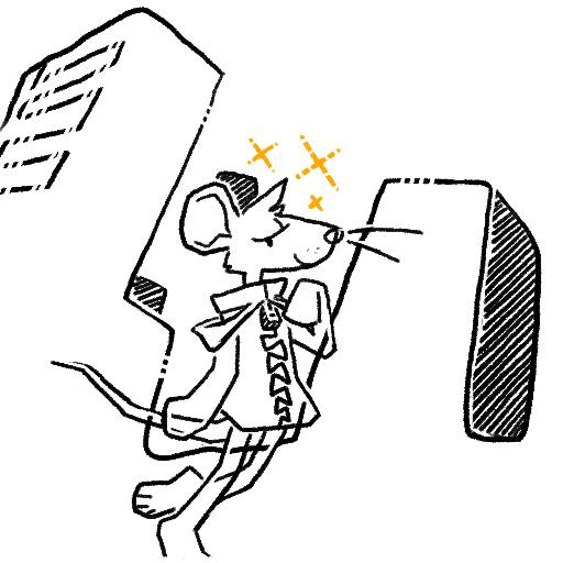 Line art of a rodent in fancy coat in front of buildings.