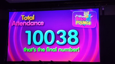 Photo taken at the closing ceremonies at Megaplex 2025. On the projection screen shows the total number of attendees for the event (10,038).
