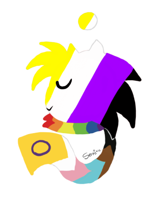 Colored headshot illustration of Sertimus enrobed in the colors of the Nonbinary Pride flag, in addition to his scarf presenting the colors of the Intersex-Inclusive Progress Pride flag.