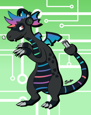 A colored illustration of Glow, a robot dragon themed after gaming peripherals with RGB lighting. The backdrop consists of a gradient from a darker shade of green to a highlight of green, along with some white traces of varying sizes (think printed circuit boards).