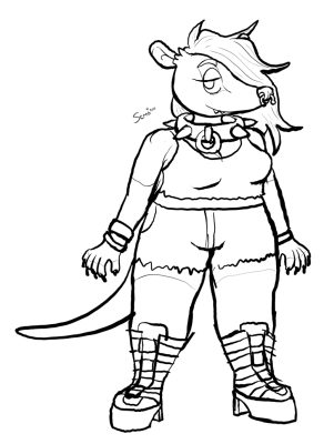 A sketched black-and-white illustration of Vivposs, possqueen's fursona. She is an anthropomorphic possum sporting casual gothic wear.
