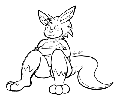 Uncolored sketched drawing of Sertimus as a lepthoda, a custom hybrid species made by bunnyconda. Sertimus is depicted in a casual seated posture with arms crossed.