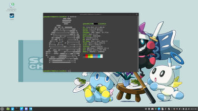 Screenshot from September 20th, 2025 at 09:01pm EDT. It shows the Linux Mint desktop environment along with a Terminal window showing the output of neofetch, featuring custom ASCII art of Sertimus munching on a chocolate chip cookie.