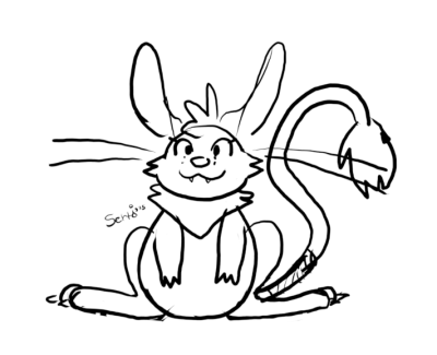 Black-and-white doodle of Lokno's anthropomorphic jerboa OC of her namesake. She is in an idle sitting posture.