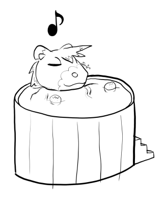 A sketched black-and-white illustration of Sertimus' capybara form enjoying a yuzu bath inside a small tub.