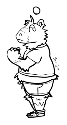 A doodled black-and-white illustration of Sertimus in his capybara form, from a side angle. They appear to be twiddling their paws while shyly staring at the viewer.